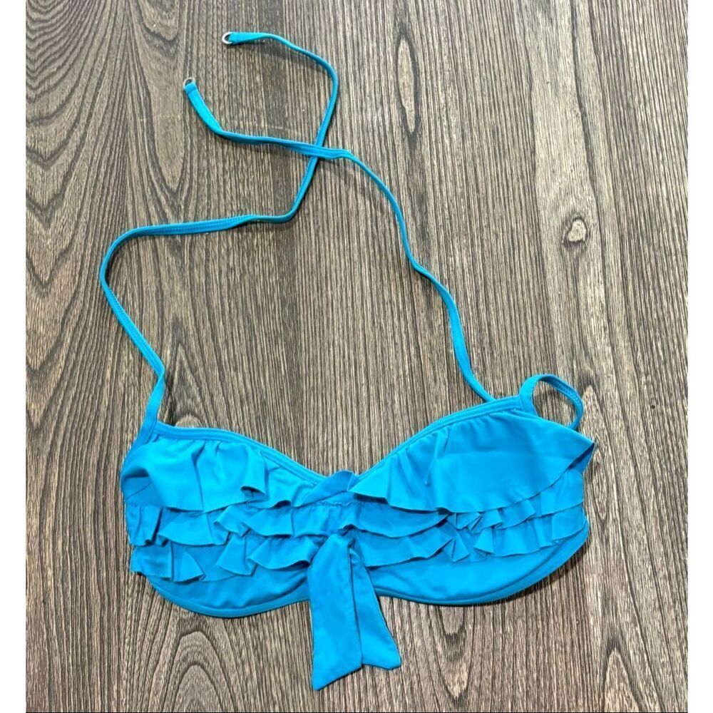 Gilly Hicks Womens Swim Bikini Top Ruffles Halter Tie Neck Padded Blue Size XS